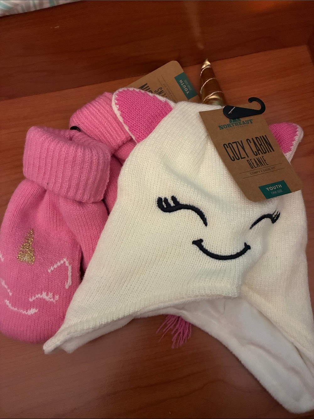 Cozy Cabin Unicorn Youth Beanie & Mitten Set - White and Pink